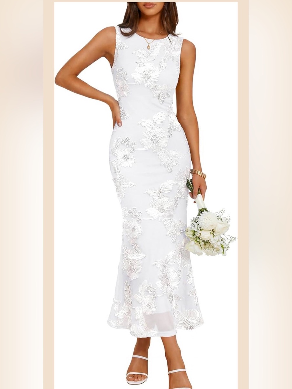 White Floral Lace Midi Dress Sleeveless Mermaid Silhouette Size Large 12 14